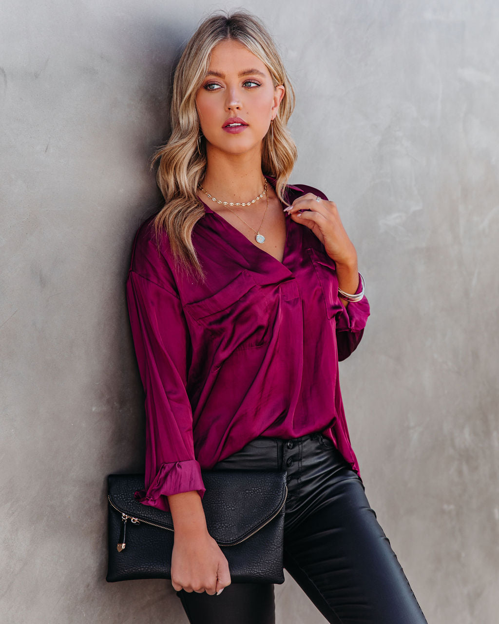 Braya Satin Collared Blouse - Burgundy