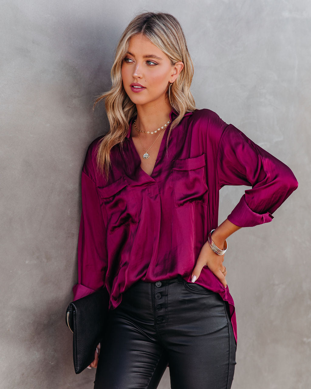 Braya Satin Collared Blouse - Burgundy