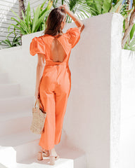 Briella Cotton Pocketed Puff Sleeve Jumpsuit - Orange