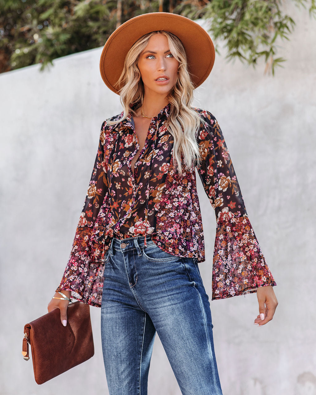 Brookings Floral Shimmer Bell Sleeve Blouse