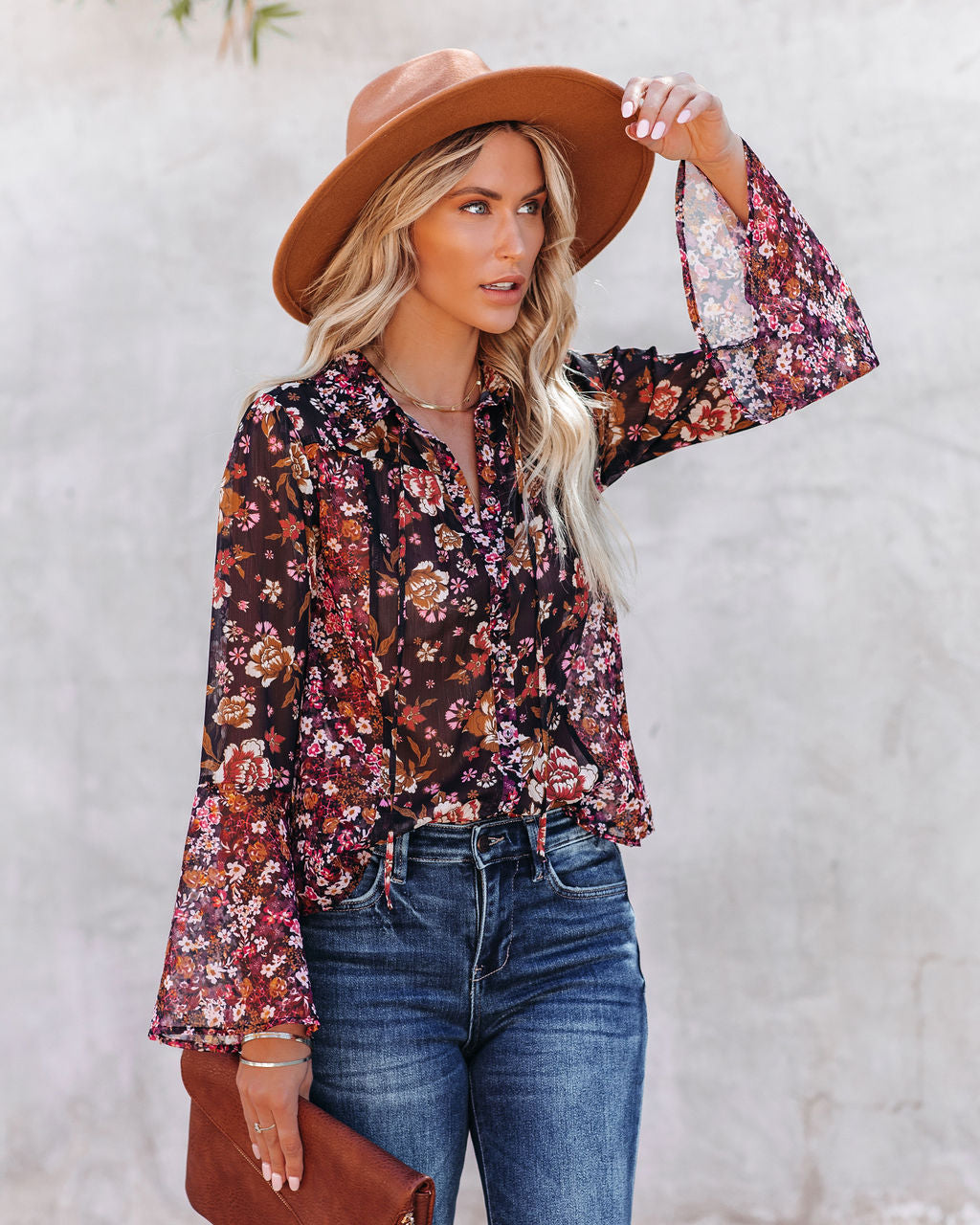 Brookings Floral Shimmer Bell Sleeve Blouse