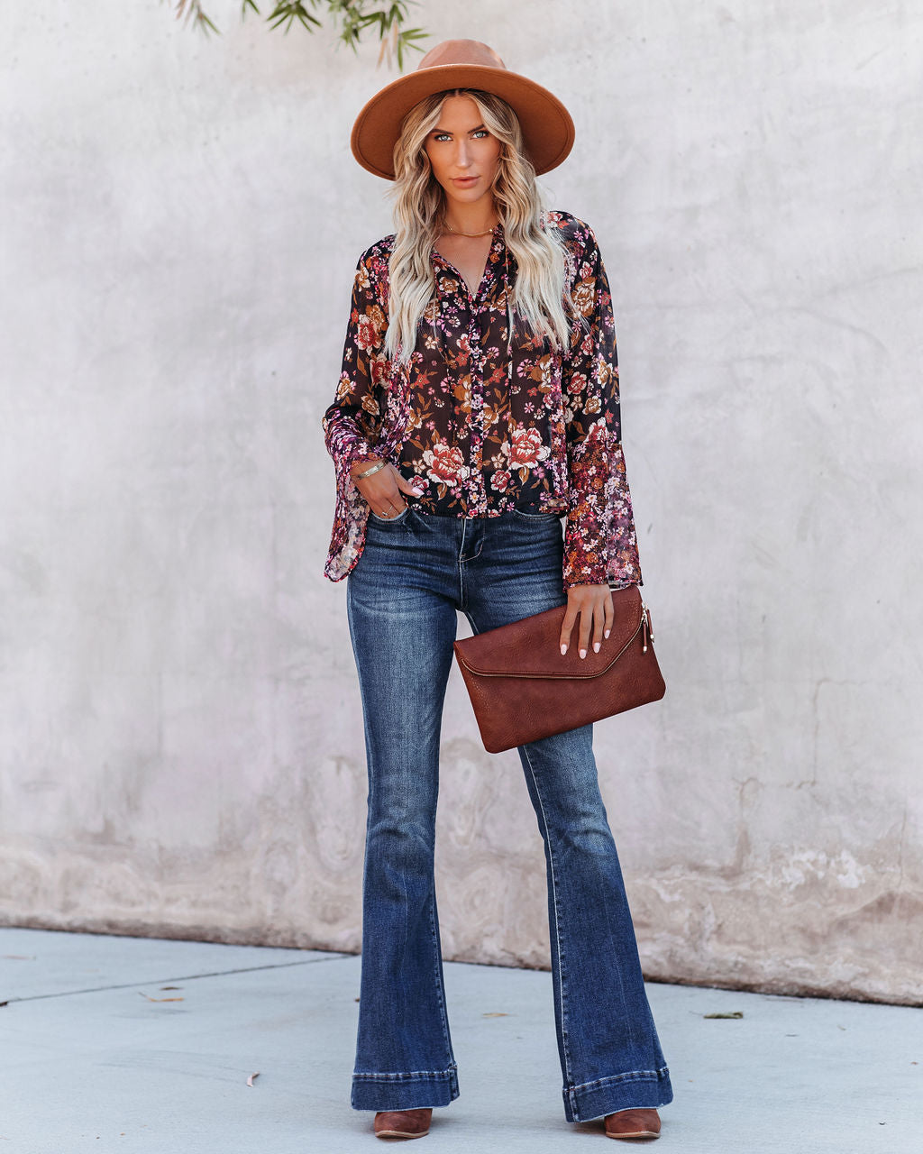 Brookings Floral Shimmer Bell Sleeve Blouse