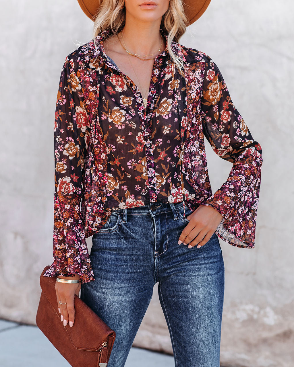 Brookings Floral Shimmer Bell Sleeve Blouse