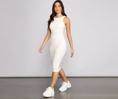 Brushed Knit Sleeveless Crew Neck Midi Dress