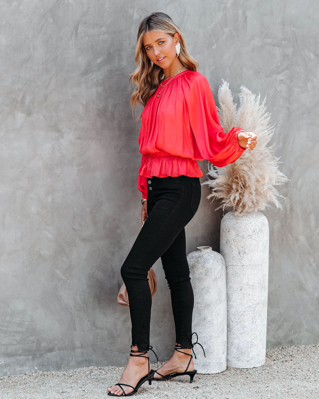 Cappa Satin Peplum Blouse - Coral