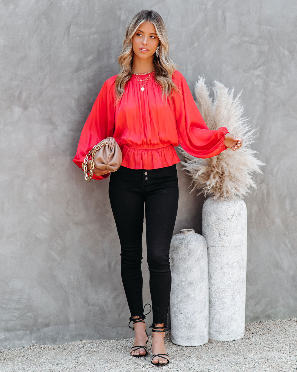 Cappa Satin Peplum Blouse - Coral