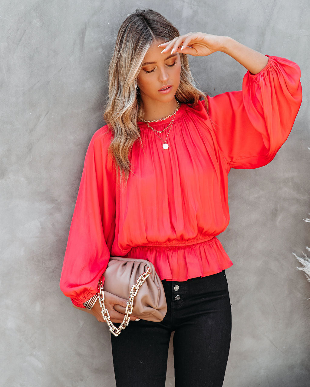 Cappa Satin Peplum Blouse - Coral