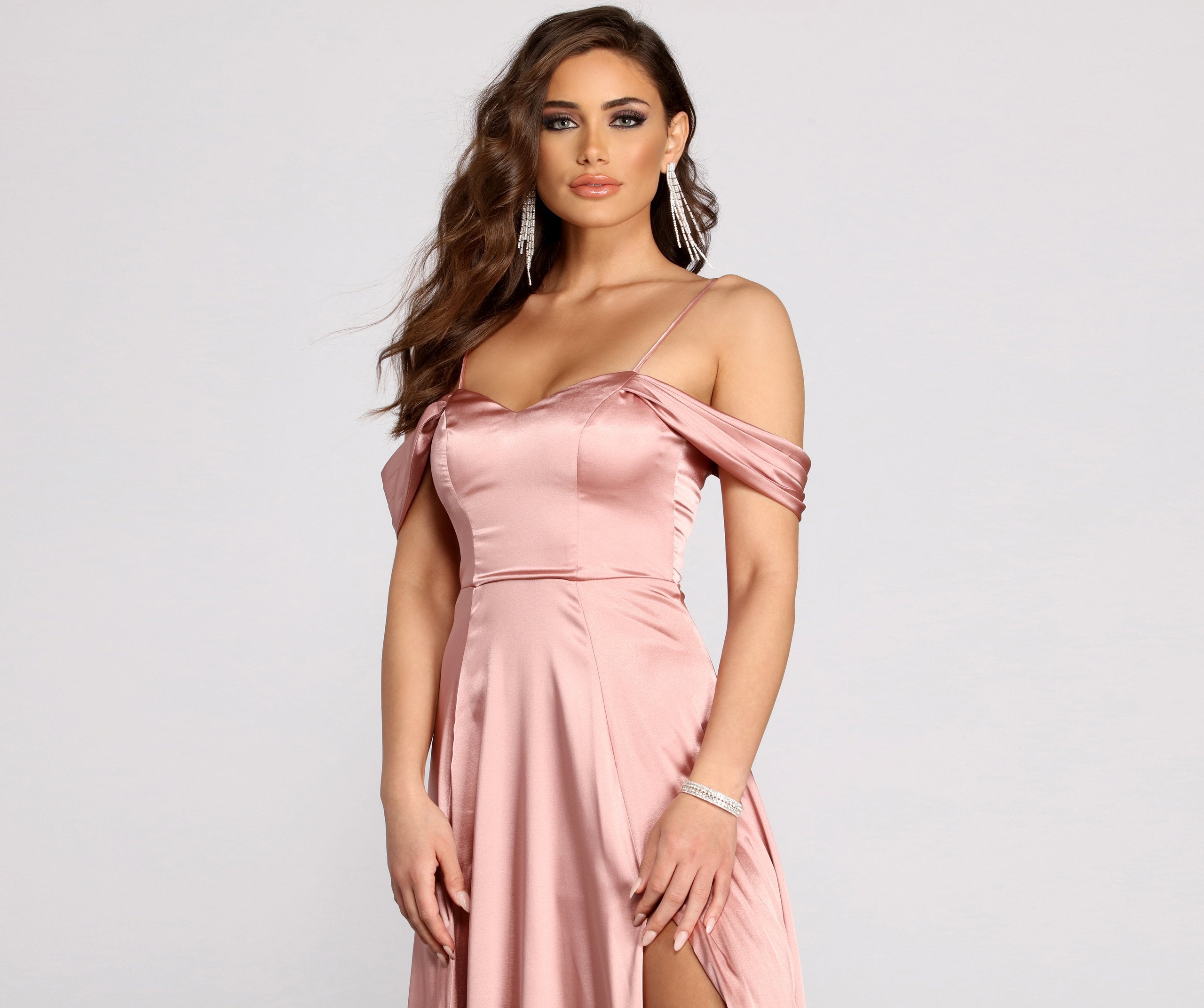 Cassia Lace-Up Back Off Shoulder Satin Dress