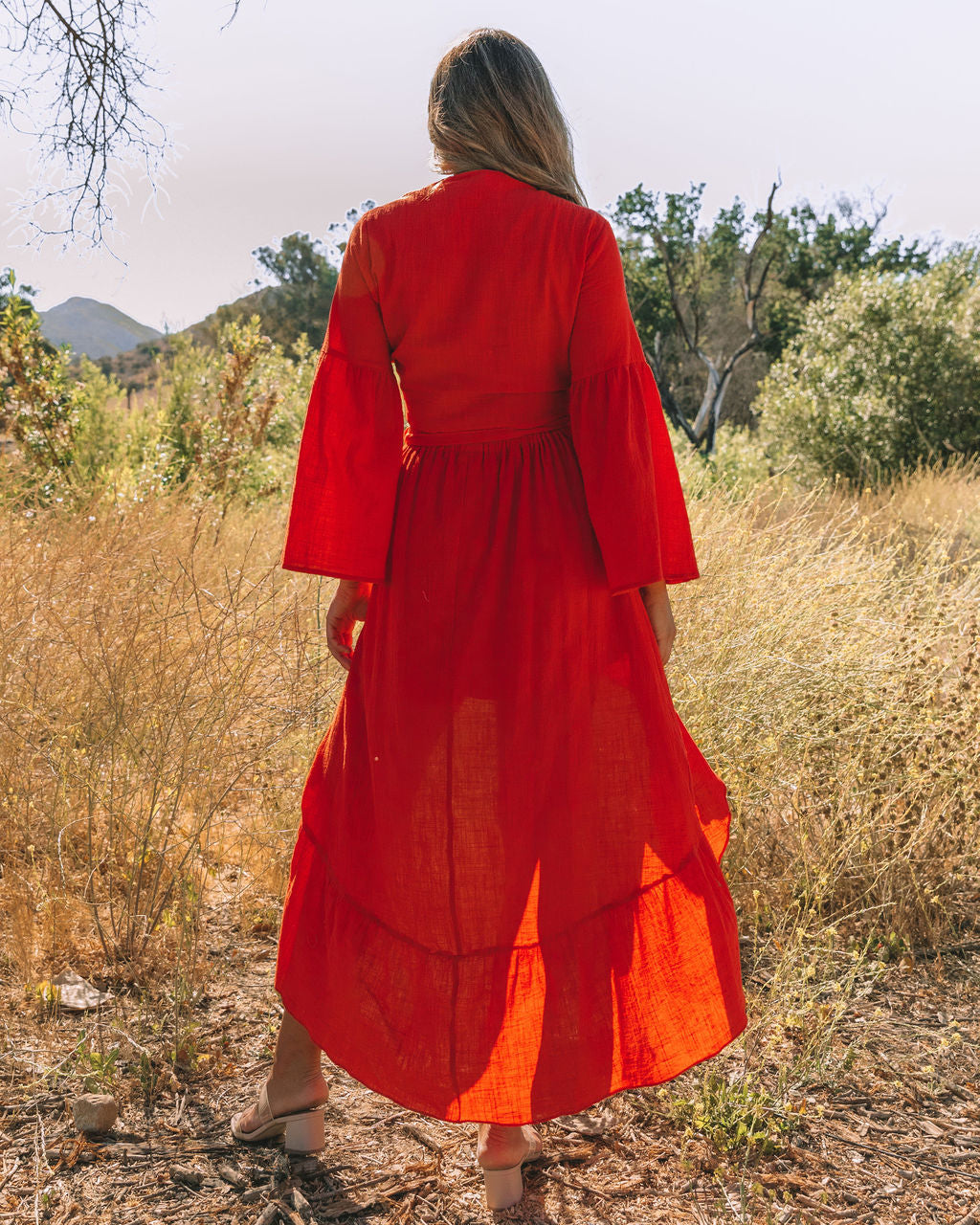 Cool Tones Cotton Pocketed Wrap Midi Skirt - Red