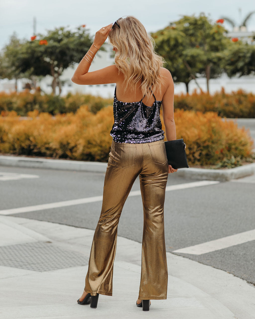 Dance Floor Pocketed Metallic Flare Pants