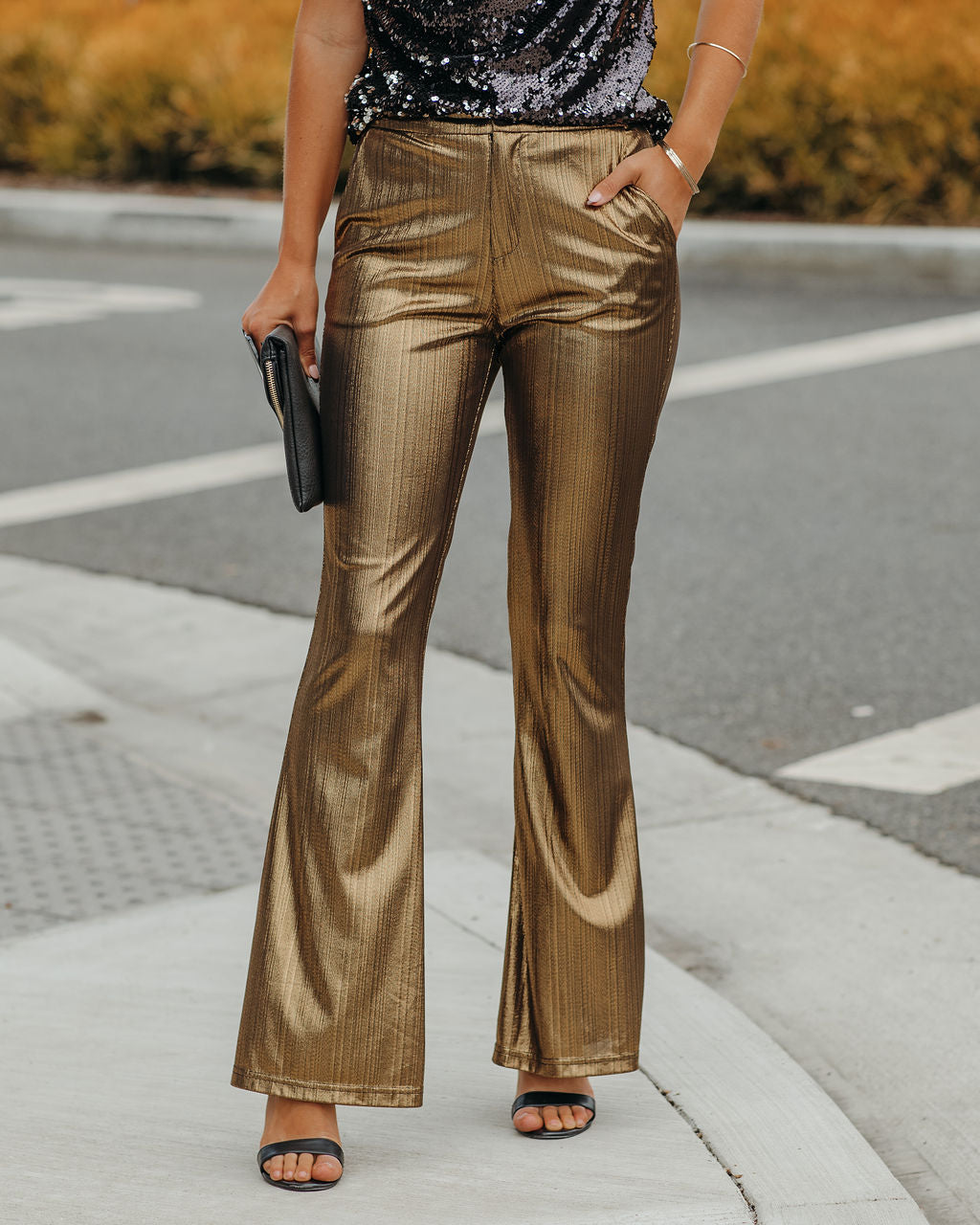 Dance Floor Pocketed Metallic Flare Pants