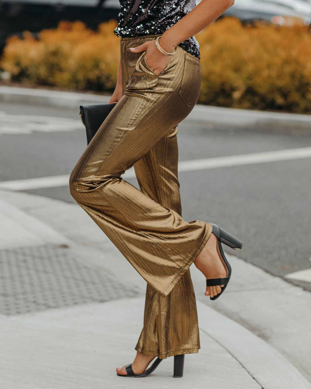 Dance Floor Pocketed Metallic Flare Pants