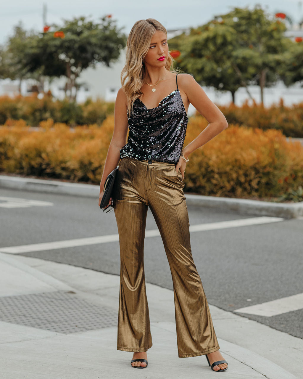 Dance Floor Pocketed Metallic Flare Pants