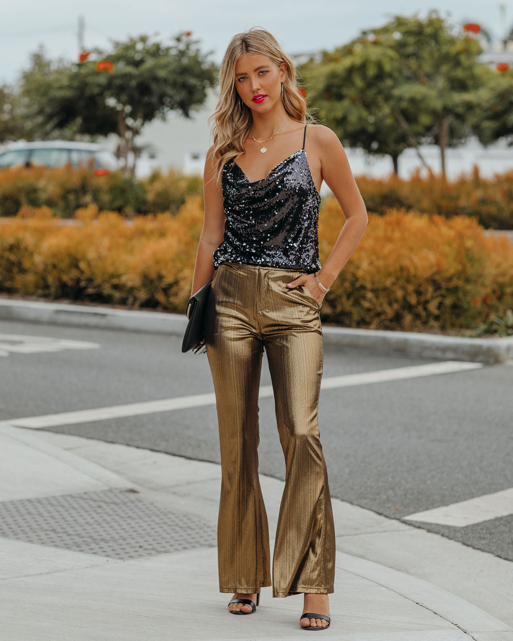 Dance Floor Pocketed Metallic Flare Pants