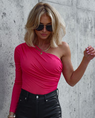 Dignified Queen One Shoulder Drape Bodysuit - Fuchsia