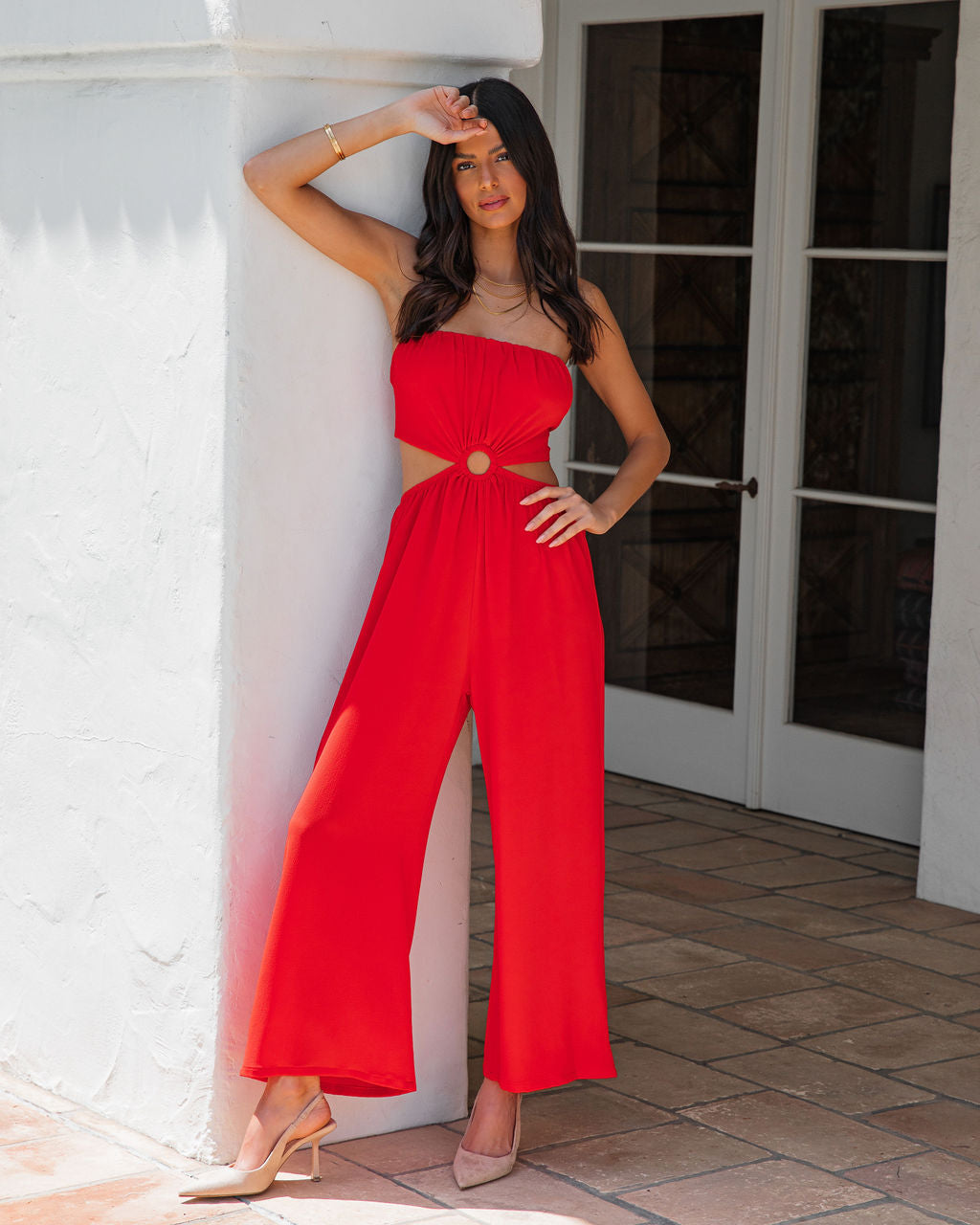 Dolled Up Strapless Cutout Jumpsuit - Tomato Red - SALE