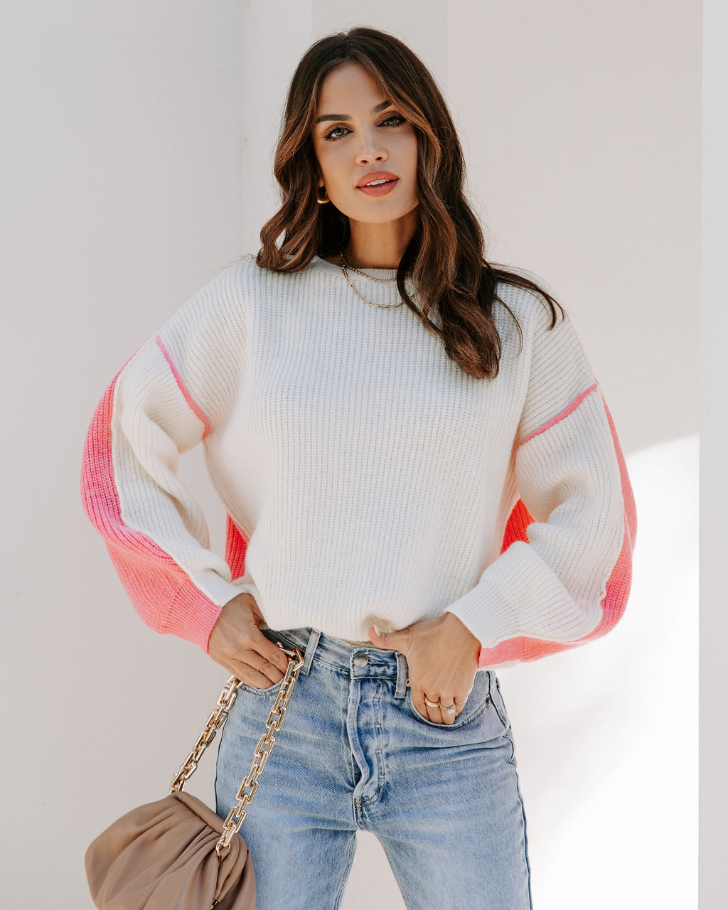 Gemini Knit Colorblock Sweater - Cream/Pink