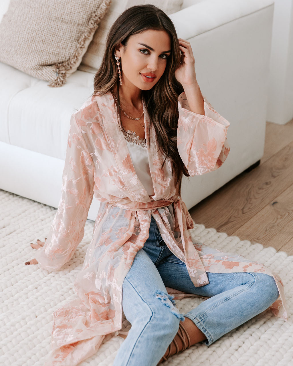 Divine Dreams Burnout Velvet Kimono Robe - Blush