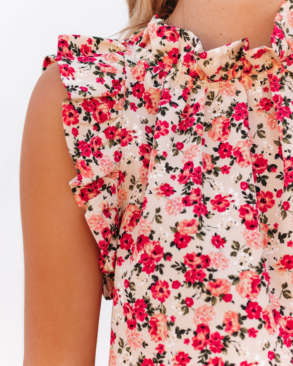 Element Of Truth Sleeveless Floral Ruffle Blouse