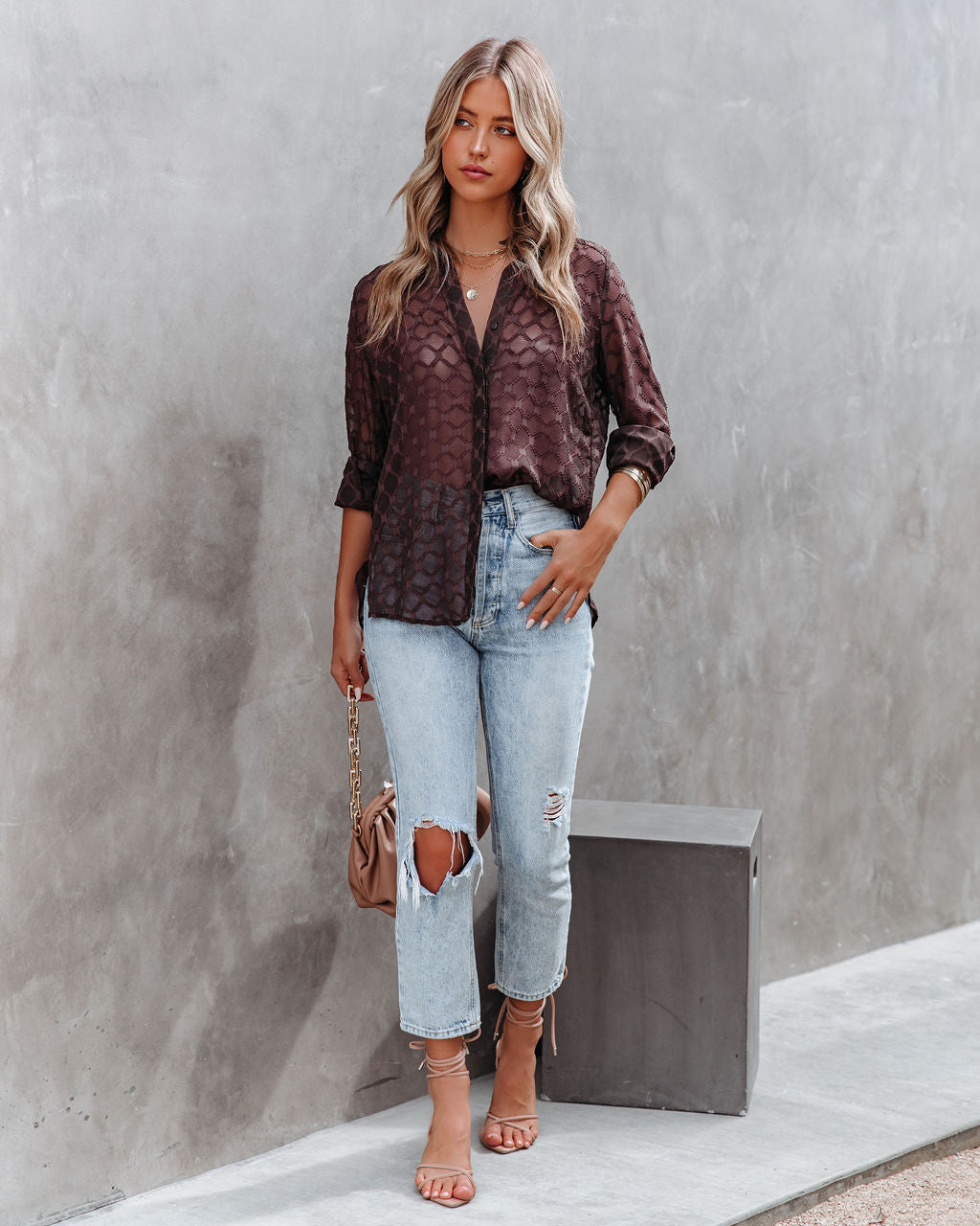 Eleventh Hour Textured Button Down Blouse - Brown