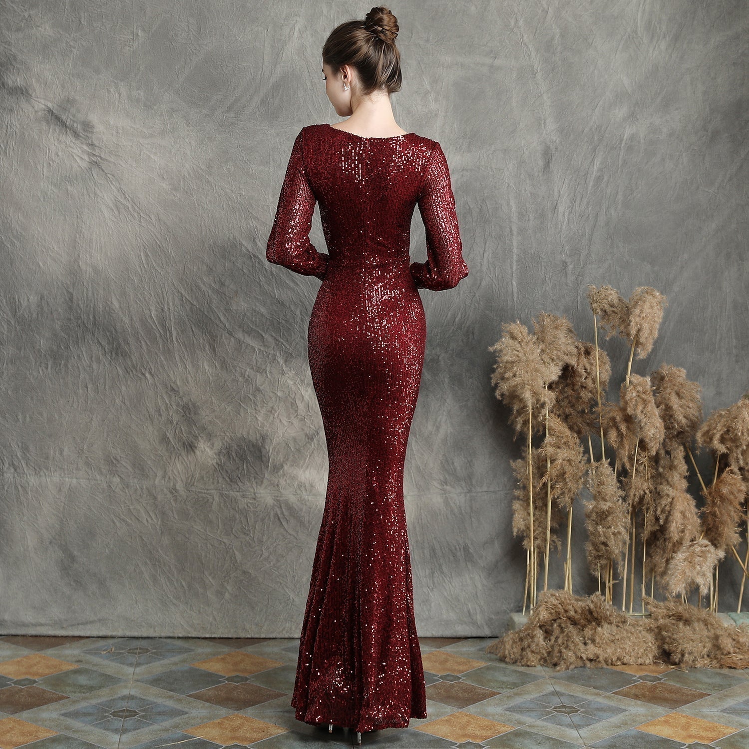 Ella long-sleeve sequined formal fishtail dress