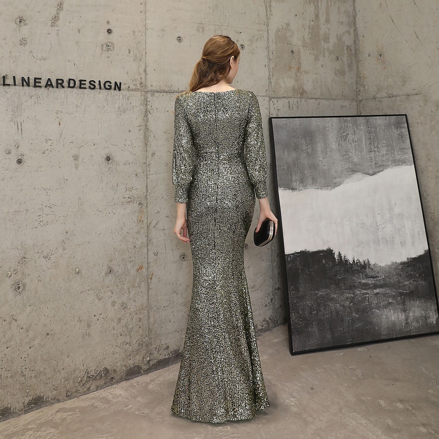 Ella long-sleeve sequined formal fishtail dress