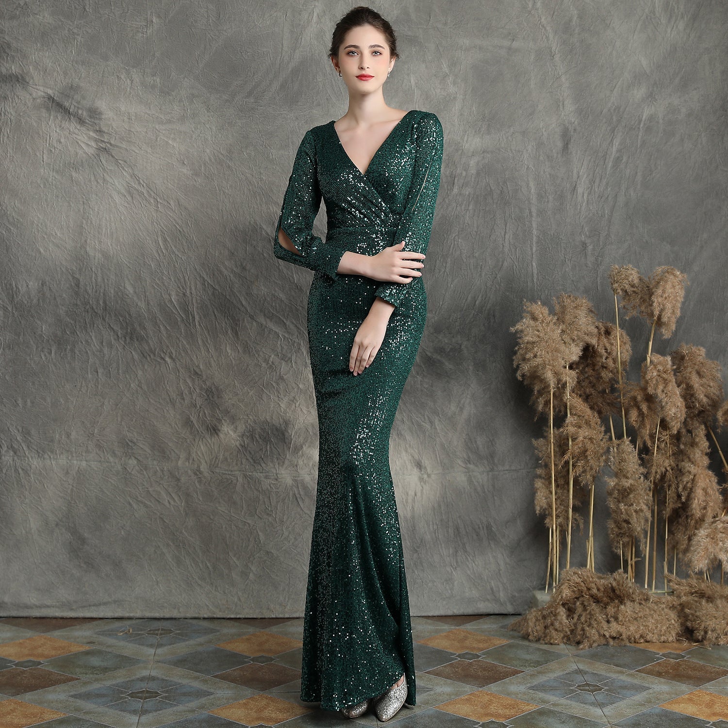 Ella long-sleeve sequined formal fishtail dress