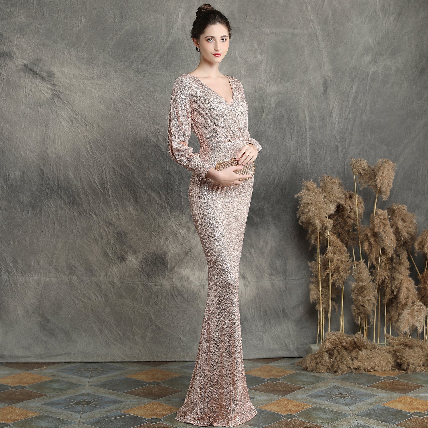 Ella long-sleeve sequined formal fishtail dress