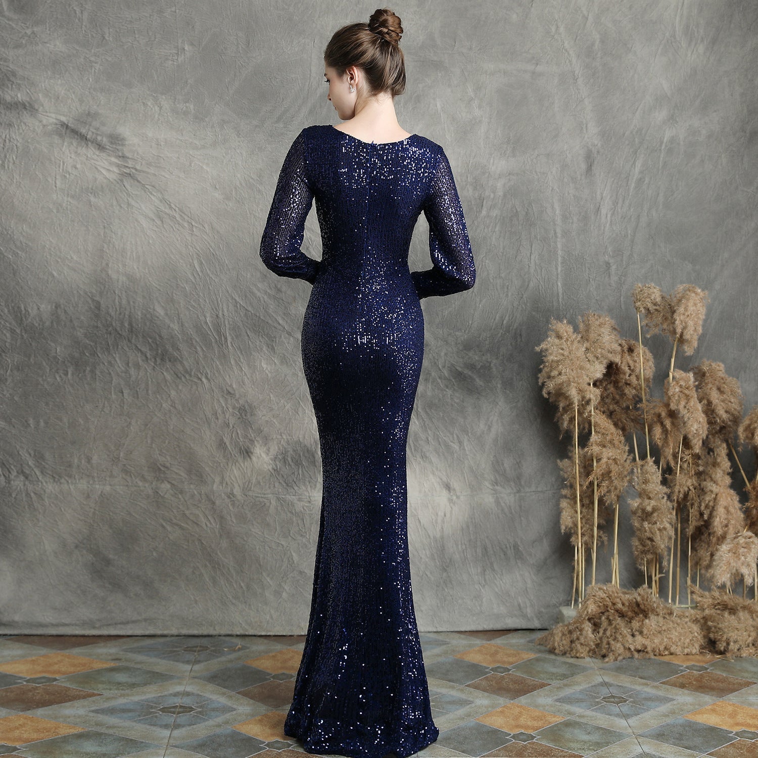 Ella long-sleeve sequined formal fishtail dress