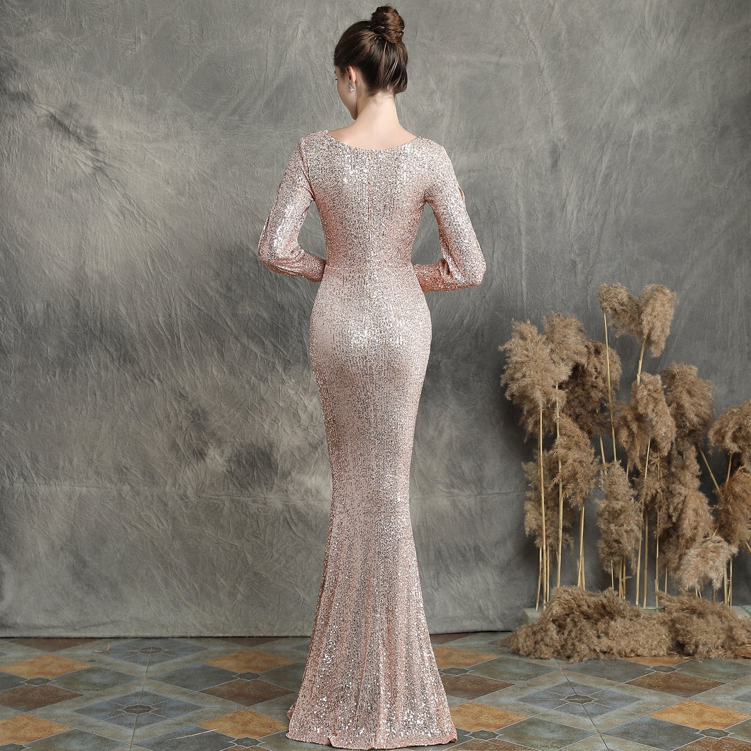 Ella long-sleeve sequined formal fishtail dress