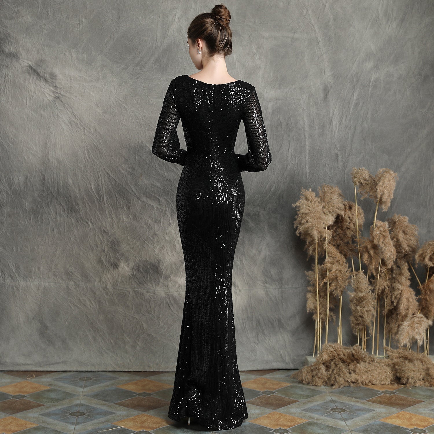 Ella long-sleeve sequined formal fishtail dress