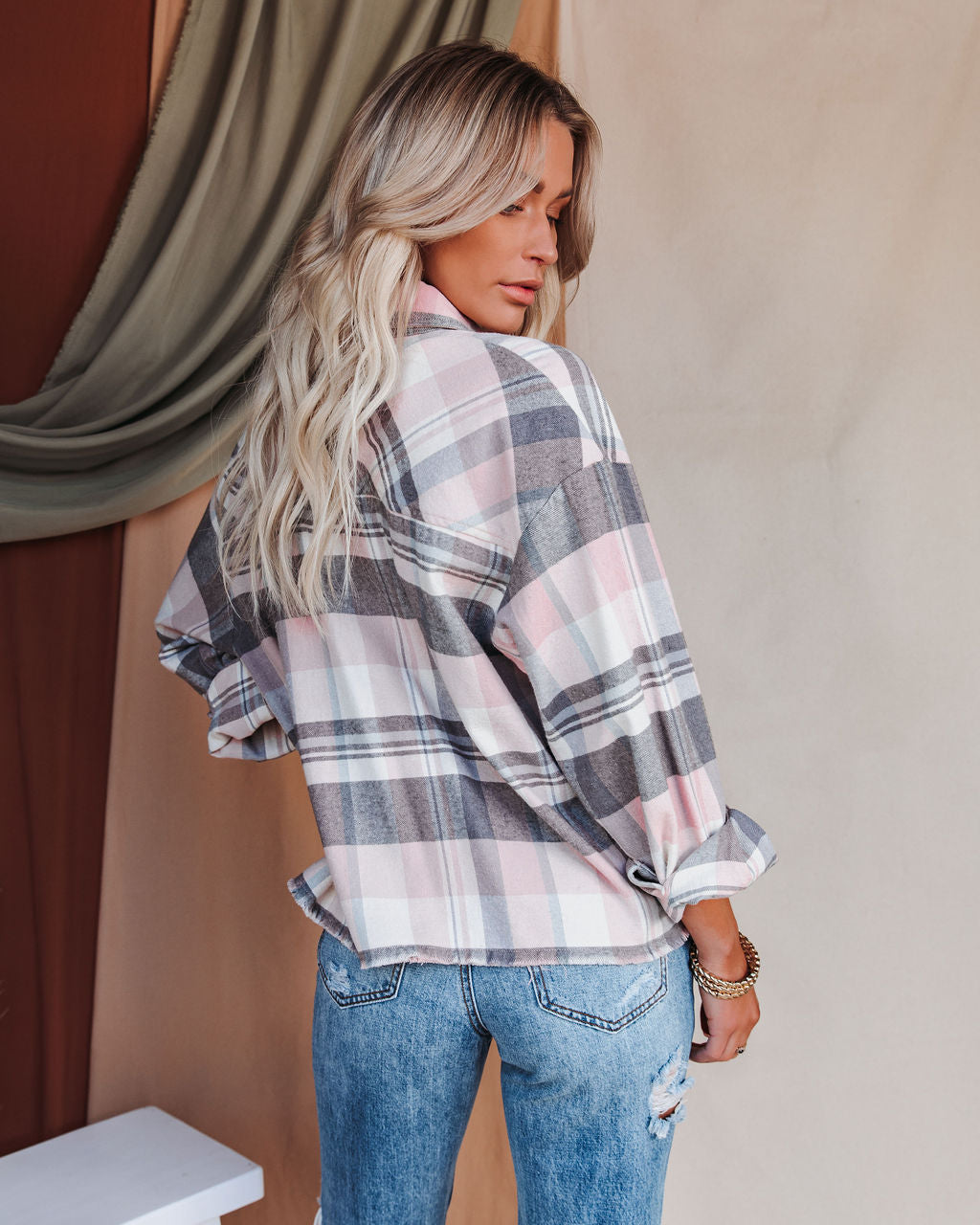 Elle Cotton Plaid Frayed Button Down Top