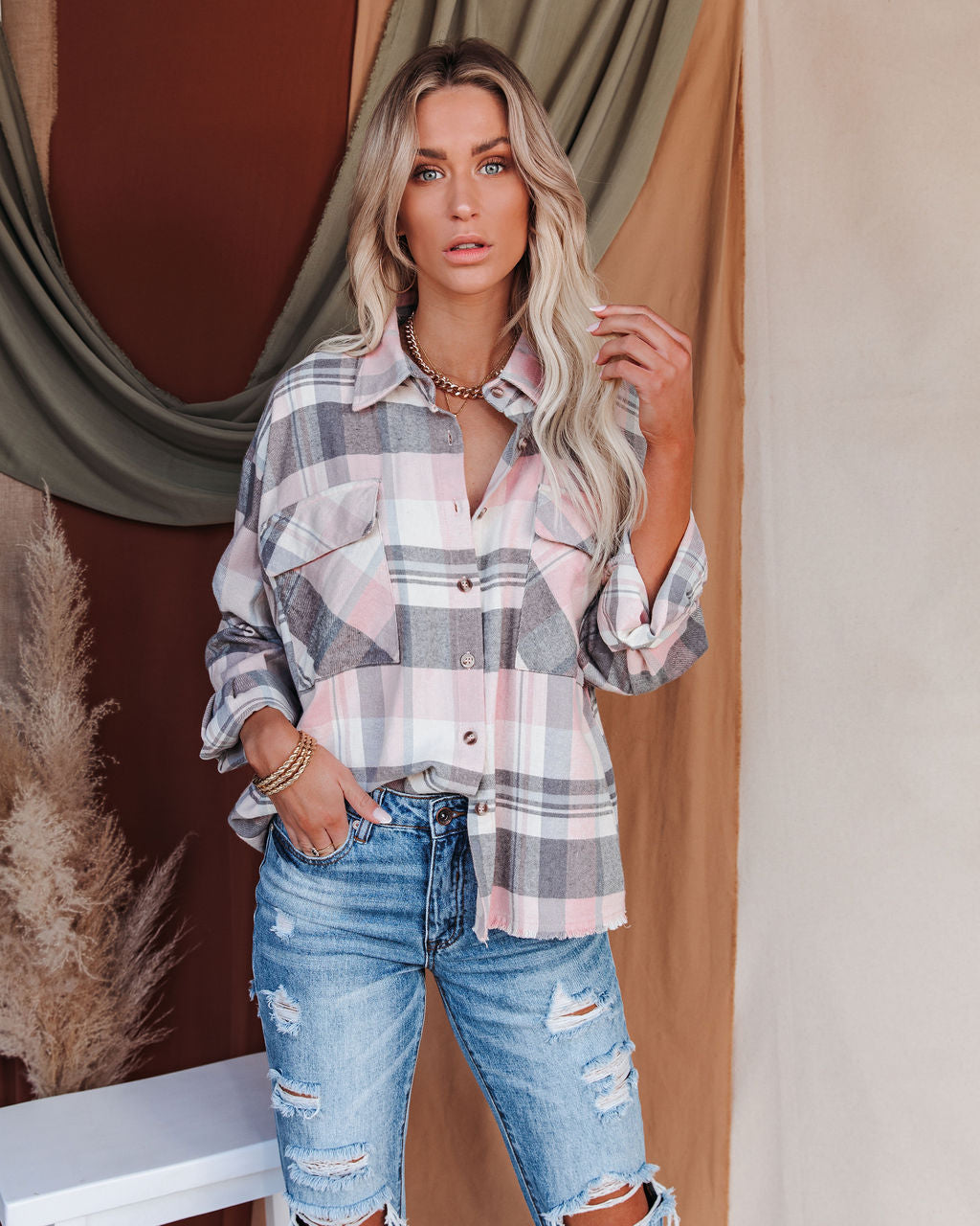 Elle Cotton Plaid Frayed Button Down Top