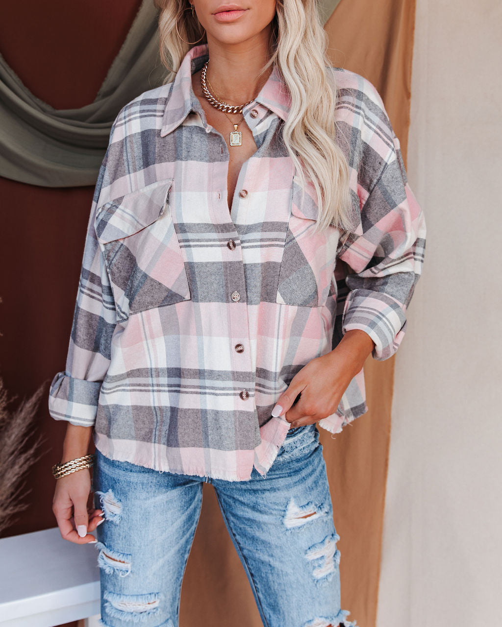 Elle Cotton Plaid Frayed Button Down Top