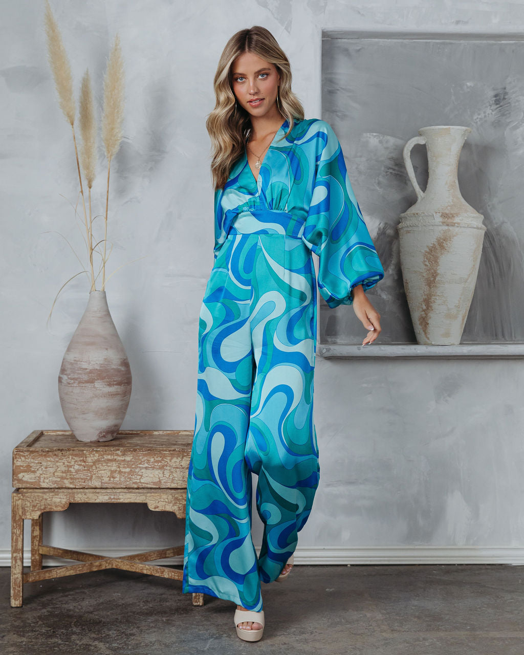 Emilio Satin Printed Wide Leg Jumpsuit