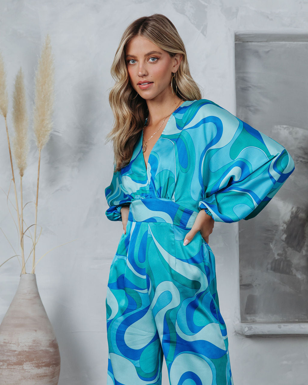 Emilio Satin Printed Wide Leg Jumpsuit