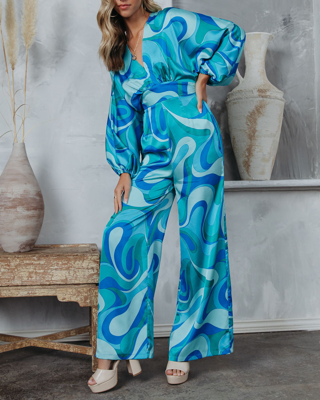 Emilio Satin Printed Wide Leg Jumpsuit