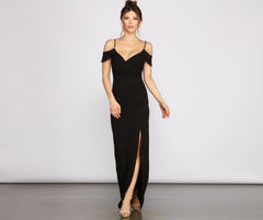 Eva Off-The-Shoulder Wrap-Front Formal Dress