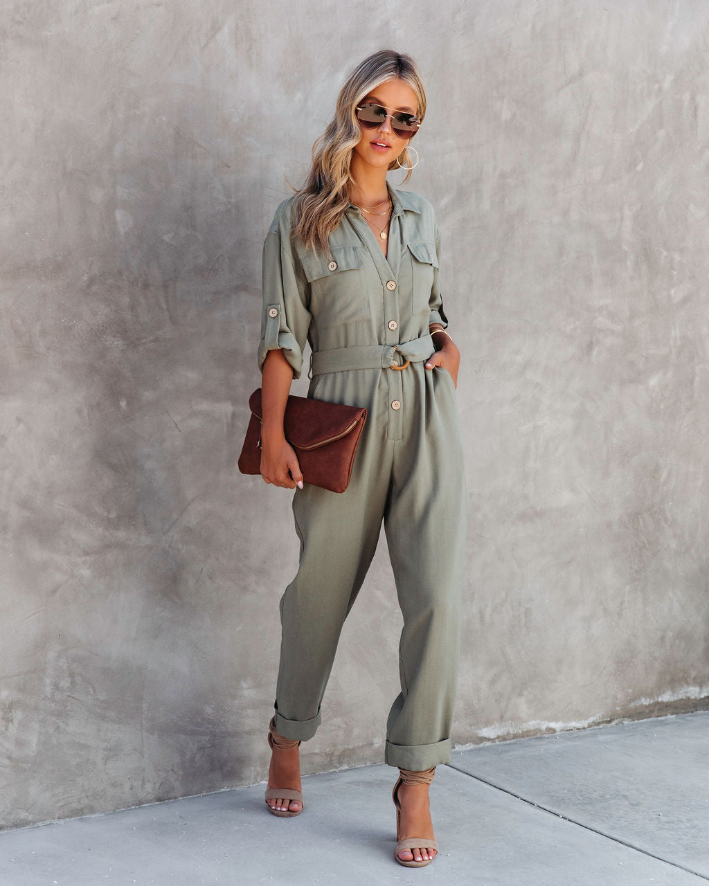 Exploring The Orchards Pocketed Belted Jumpsuit - Olive