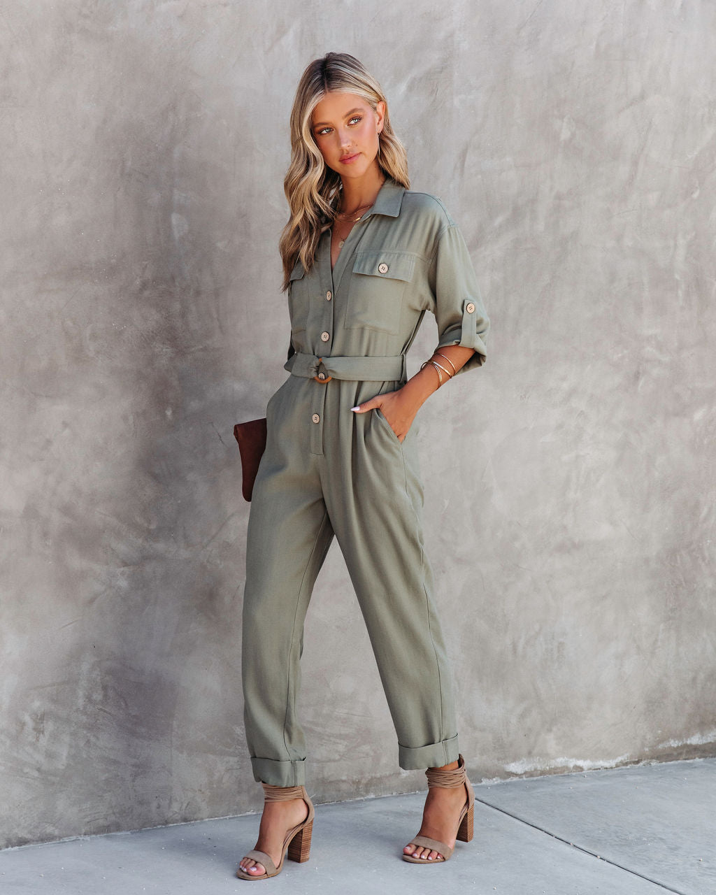 Exploring The Orchards Pocketed Belted Jumpsuit - Olive