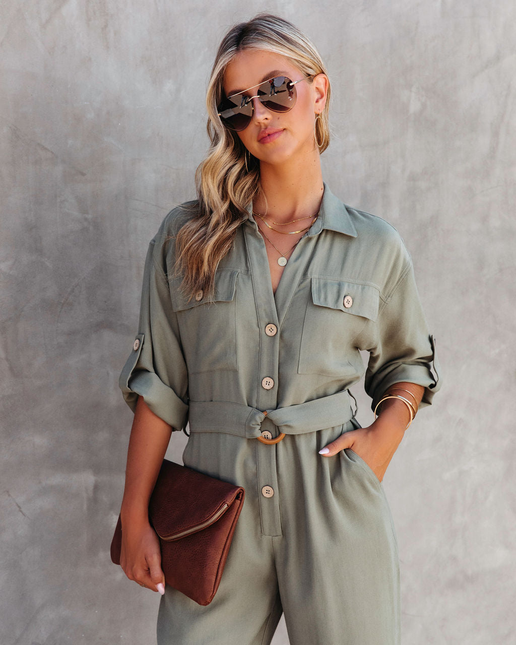 Exploring The Orchards Pocketed Belted Jumpsuit - Olive