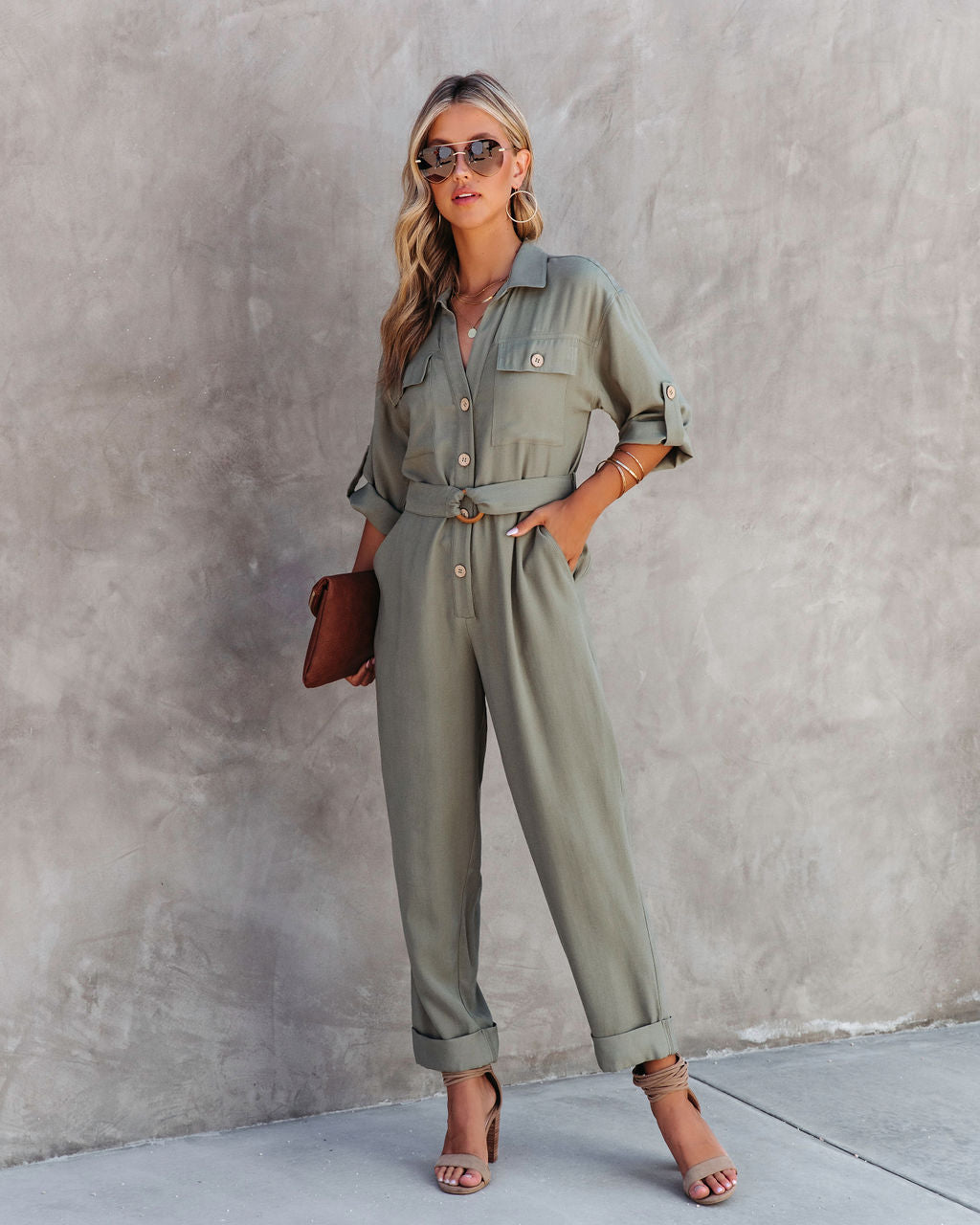 Exploring The Orchards Pocketed Belted Jumpsuit - Olive