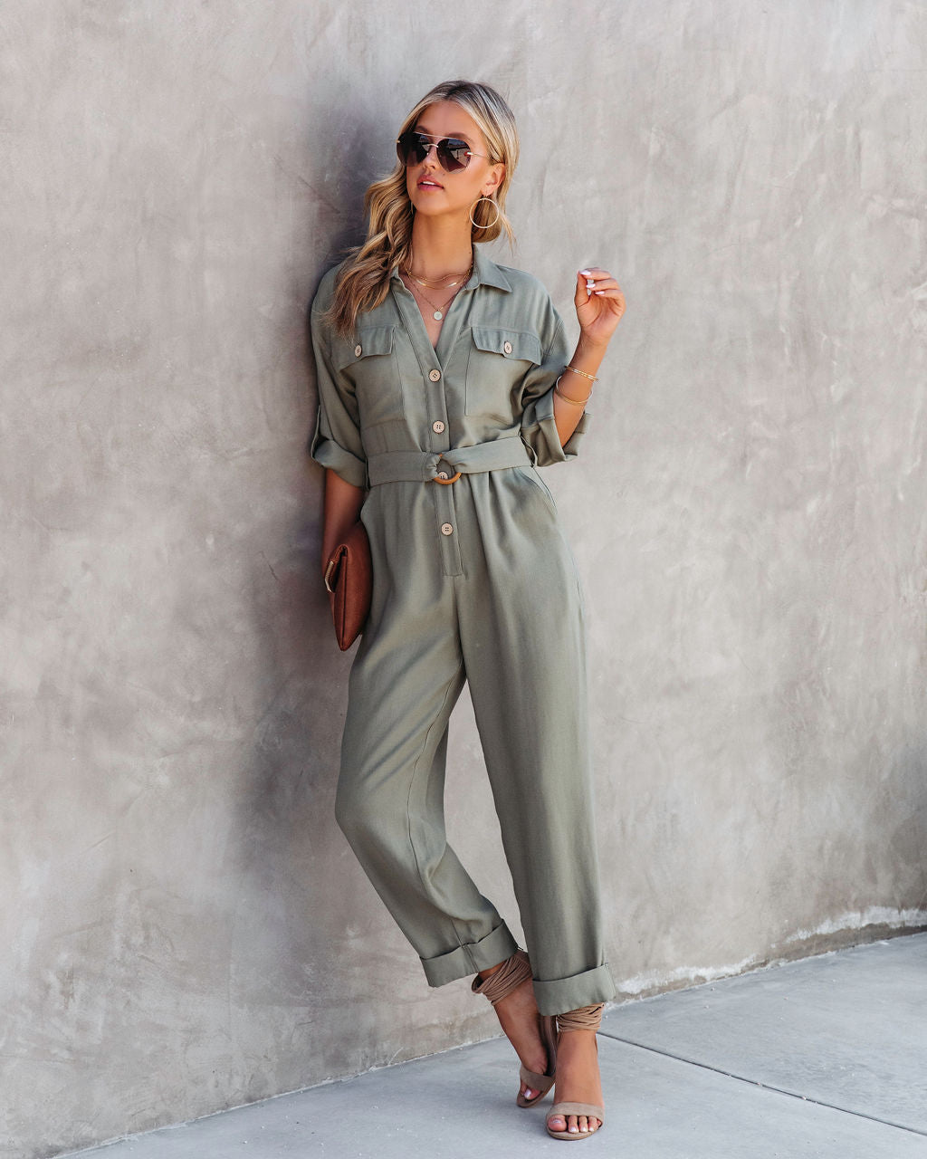 Exploring The Orchards Pocketed Belted Jumpsuit - Olive