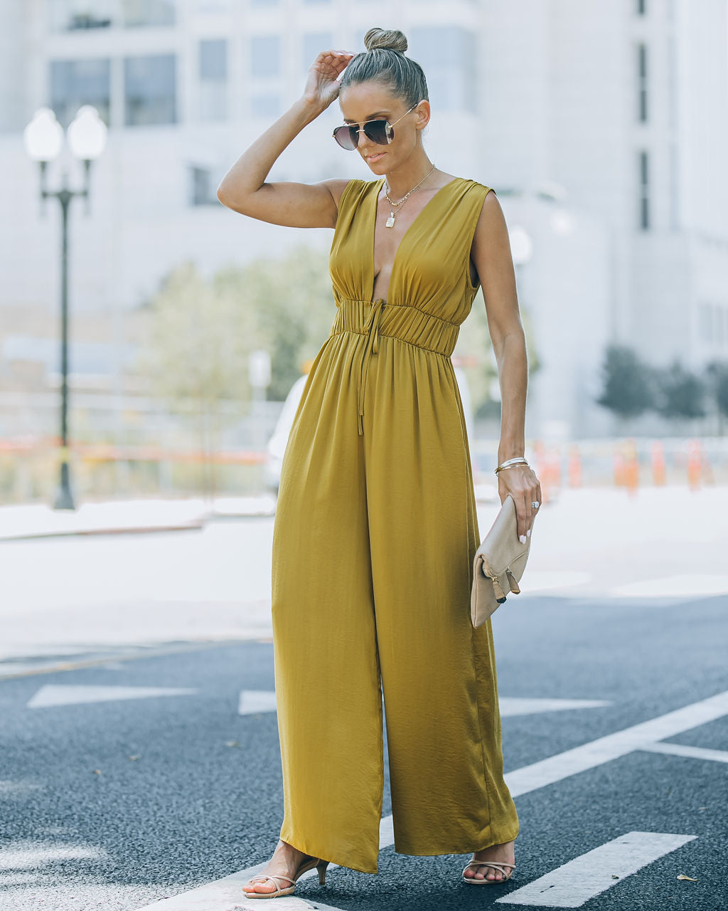 Andrea Satin Wide Leg Jumpsuit - Chartreuse