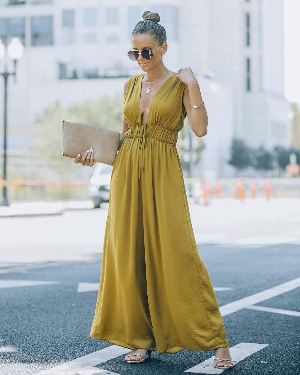 Andrea Satin Wide Leg Jumpsuit - Chartreuse