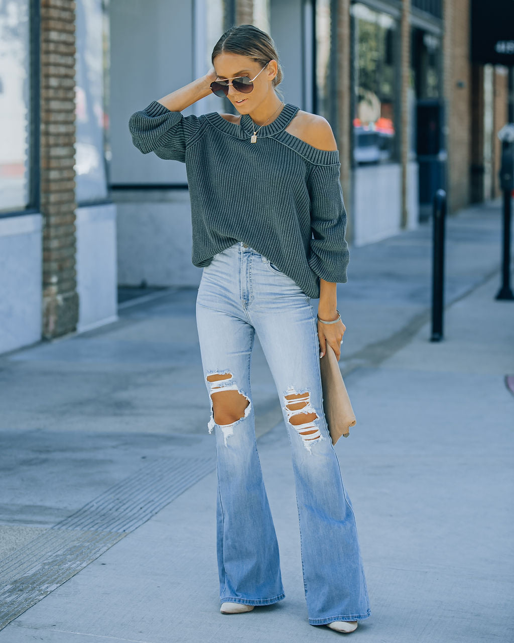 Bradly High Waisted Distressed Flare Denim Pants