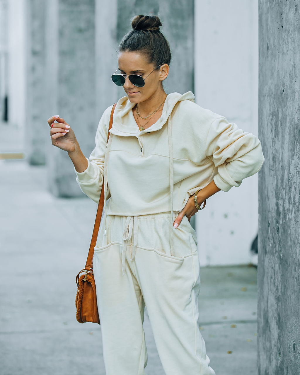 Blanca Cotton Cropped Henley Hoodie - Cream