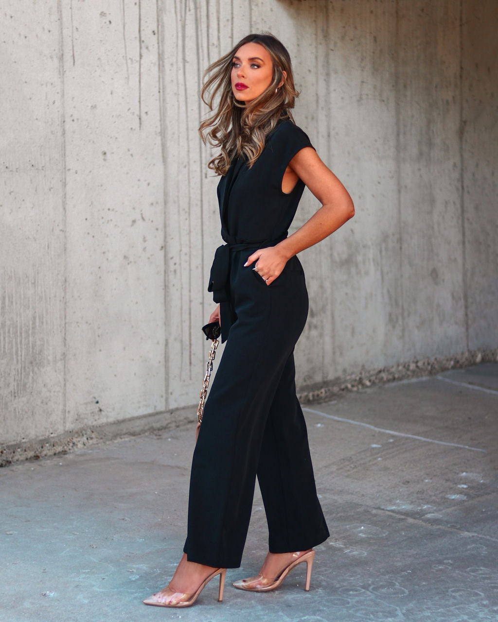 Fabiola Pocketed Tie Waist Wide Leg Jumpsuit - Black