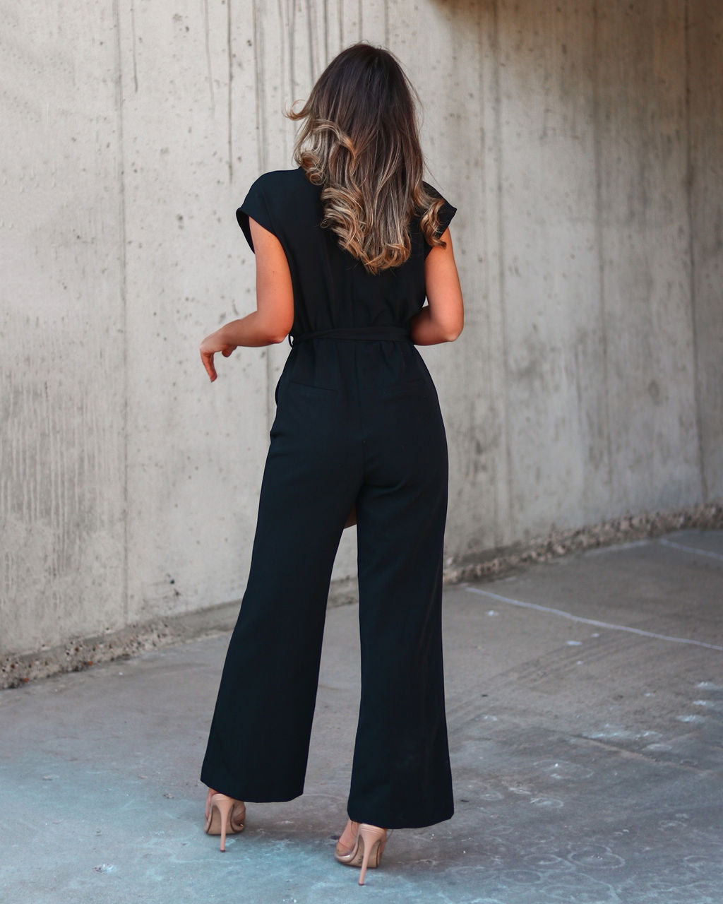 Fabiola Pocketed Tie Waist Wide Leg Jumpsuit - Black