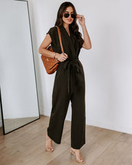 Fabiola Pocketed Tie Waist Wide Leg Jumpsuit - Dark Olive